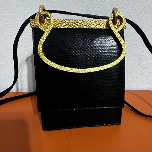 Clara Studio for Asymmetry Vtg Black Lizard Embossed Leather Bag 24K Gold Handle - Picture 8 of 16